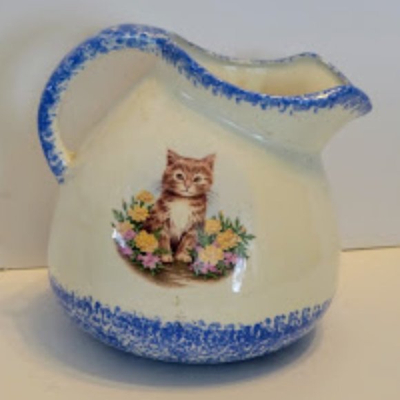 Double Sided Pitcher with Cat Sponged Blue Around Top & Bottom - Picture 2 of 5